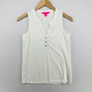 LILLY PULITZER Tank Top 2XS Essie Popover Smocked Palm Beach Slub Cotton White